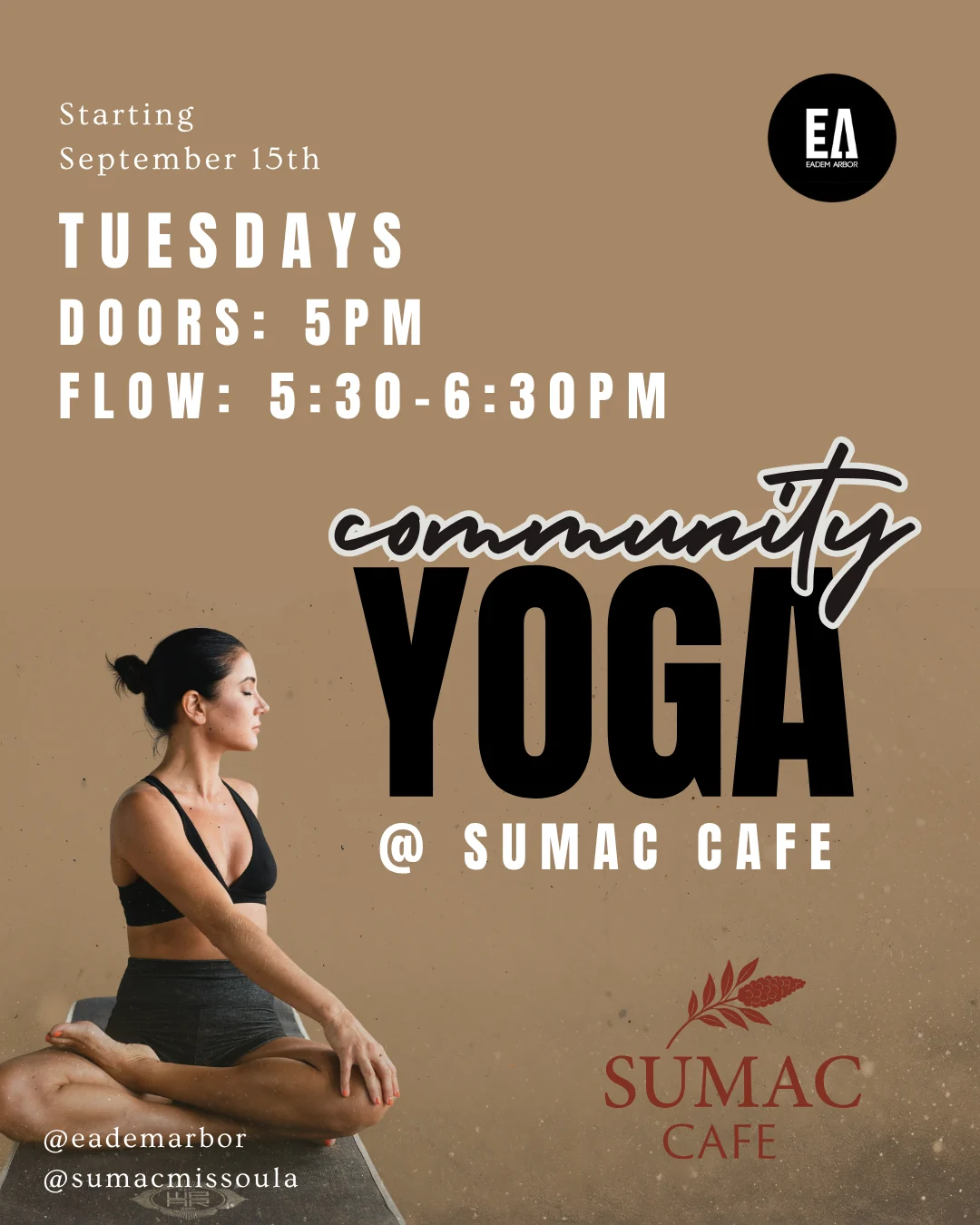 Community Yoga at Sumac Cafe flyer featuring a seated yoga practitioner and event times.