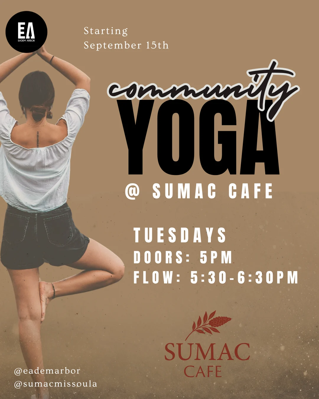 Community Yoga flyer with a standing yoga practitioner.
