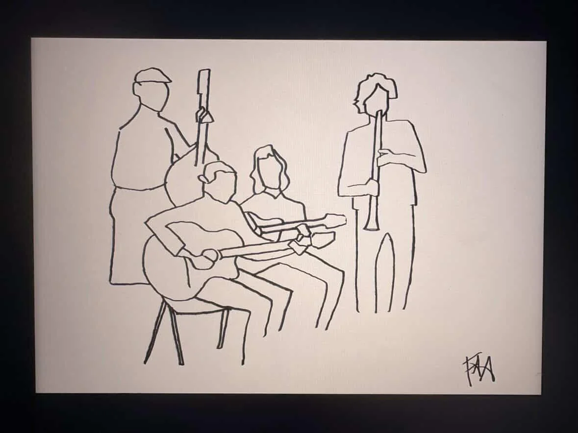 Line drawing of musicians playing an upright bass, guitars, and a clarinet.